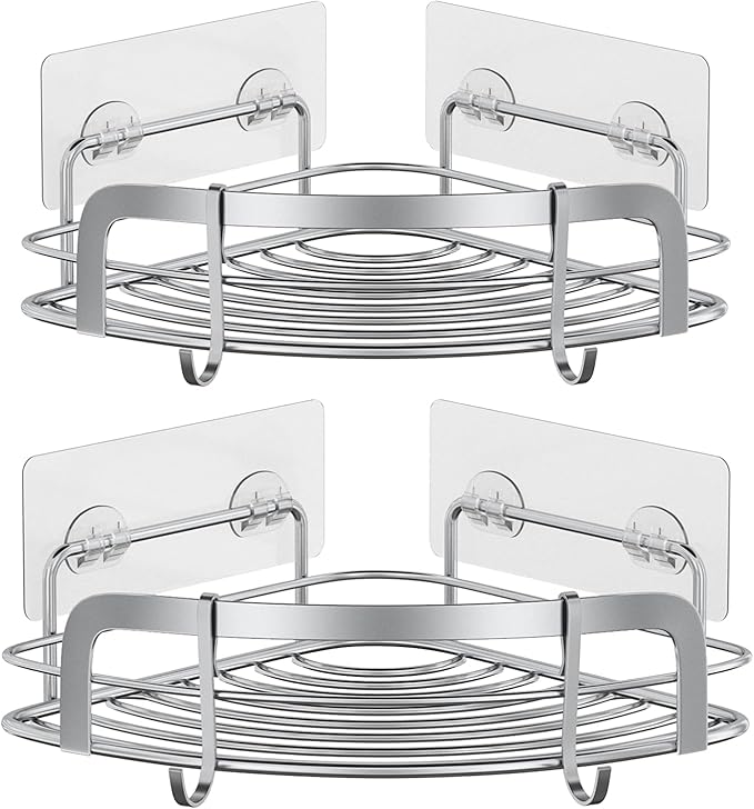 STEUGO 2 Pack Shower Caddy Corner, Bathroom Corner Shower Shelfs, Adhesive Wall Mounted Shower Caddy with 4 Movable Hooks, No Drilling Shower Shelf, Stainless Steel Silver.