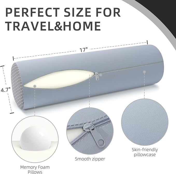 Cervical Neck Pillow Cooling Roll Memory Foam Support Round Pillows for Pain Relief Sleeping, Bed, Legs, Back and Yoga 17 x 4.5 Inches