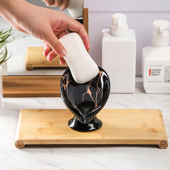 WHJY Marble Soap Holder Tray, Small Leaf Shape, Black, for Bathroom & Kitchen