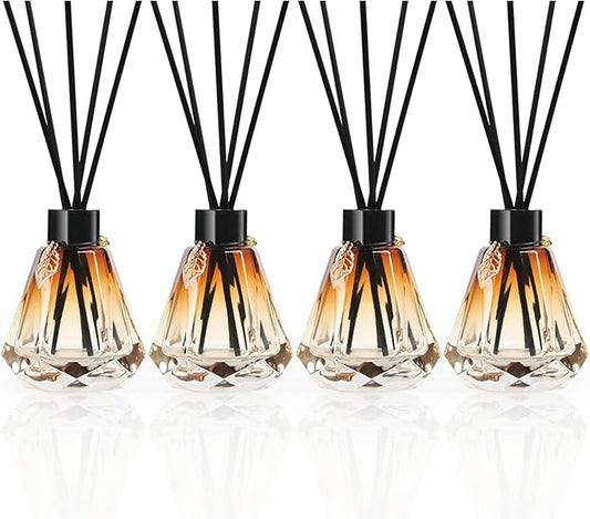 Reed Diffuser Set - 4 Empty Bottles With 20 Sticks, Delicate Gold Leaf Decor, Glass Fragrance Diffuser With Lids for Home, Bathroom | Refillable, Diamond Style Black