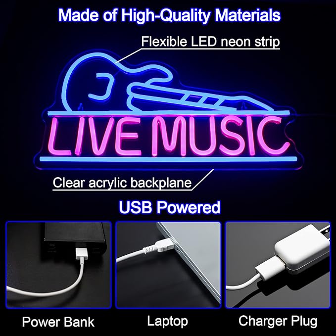 Guitar Neon Signs for Wall Decor, Live Music Neon Lights for Bedroom, Guitar Led Light up Sign with USB Powered for Party, Bar, Club