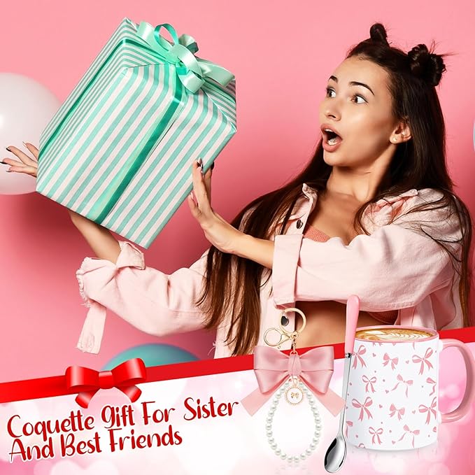 Sliner Pink Coquette Bow Coffee Mug Wedding Bridal Shower Gift Set Engagement Gift Ideas 11oz Aesthetic Ceramic Cup with Bow Keychain and Spoon Preppy Mug for Women Bride Christmas Birthday