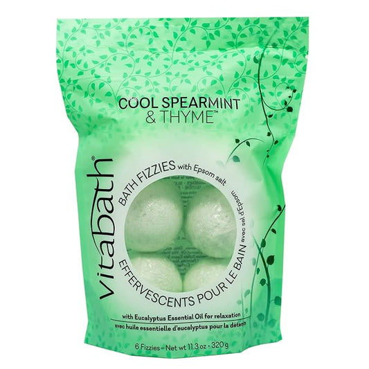 Vitabath Cool Spearmint & Thyme Bath Fizzies with Epsom Salt Relax Nourish Unwind Body & Mind Calming Aromatherapy for Muscle Soreness & Reviving Skin Nourishment - 6 Count