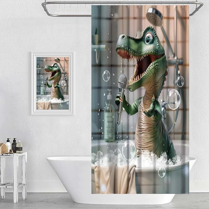 Funny Dinosaur Shower Curtain Cartoon Animal Shower Curtains for Kids Bathroom Decor Waterproof Polyester Fabric Bathroom Curtain with Hooks 55x72 Inch