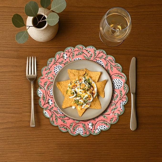 Ridhi Dark Salmon Bo-ho Round Place Mat Double Layer Floral Cotton Washable Placemats 15" Round Embroidery Block Print Table Mat (Pack of 4-15 Inch Round)