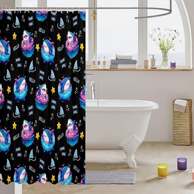 Feelyou Cute Shark Bathroom Waterproof Accessories with 12 Hooks Under Sea Animals Themed Fabric Shower Curtain for Kids Boys Girls Yellow Stars Shower Curtain Black and Blue Curtains,72X72 Inches