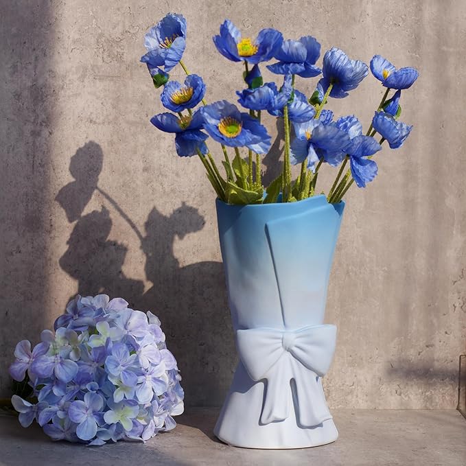 Gradient Blue White Ceramic Bow Vase 9.64 in Unique Cute Modern Decorative Bouquet Flower Vases for Home Living Room Table Decor Women Girl Gifts