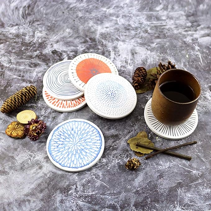 AD Set of 6 Coasters for Drinks Absorbing Round Ceramic Stone Coaster with Cork Base Tabletop Protection Mat for Mugs and Cups,Office,Kitchen (Colorful with Rose Gold Holder)