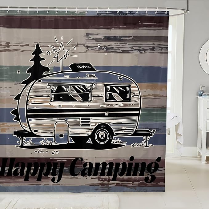 Feelyou Camper Shower Curtain Happy Camping Fabric Shower Curtain for Kids Boys Girls Wooden Rustic Bathroom Waterproof Accessories with 12 Hooks Rv Camping Curtains,72x72 Inches