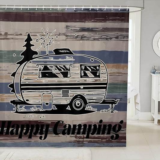 Feelyou Camper Shower Curtain Happy Camping Fabric Shower Curtain for Kids Boys Girls Wooden Rustic Bathroom Waterproof Accessories with 12 Hooks Rv Camping Curtains,72x78 Inches