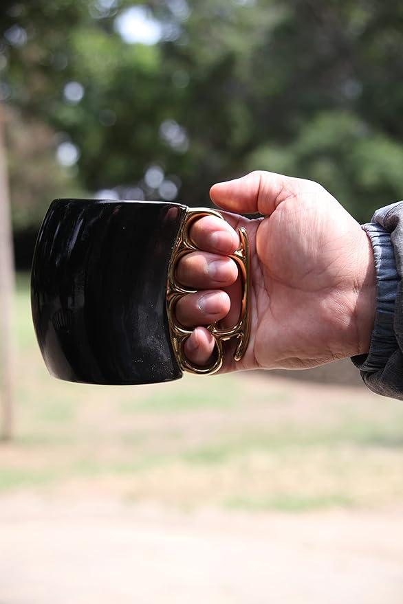 Caliber Gourmet Brass Knuckles Cup - Black and Gold Ceramic Self-Defense Novelty Coffee Mug, Unique Knuckles Mug for Collectors, Perfect Odd Coffee Mug Gift Idea for Christmas, Father's Day & More
