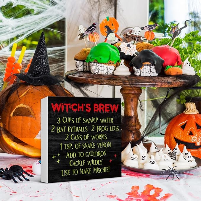 Halloween Witch's Brew Wooden Sign Decor - Kitchen Desk Block Sign for Home Table Shelf - 5 x 5 Inch