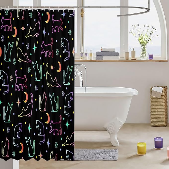 Cartoon Cats Kids Shower Curtains,Sun Moon Starry Sky Outer Space Boho Bathroom Curtains for Girls Boys,Cartoon Pet Animals Silhouettes Colorful Waterproof Curtains,12 Hooks Suits,72"W x 78"L