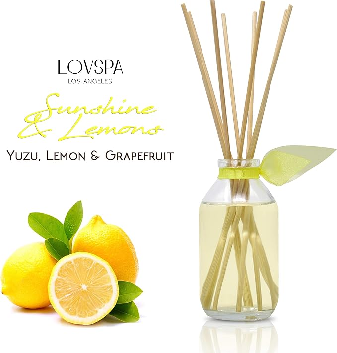 LOVSPA Sunshine & Lemons Reed Diffuser Set - Yuzu, Lemon, Grapefruit & Cane Sugar Scent Diffuser - Non-Toxic Oil Reed Diffuser - Made in The USA
