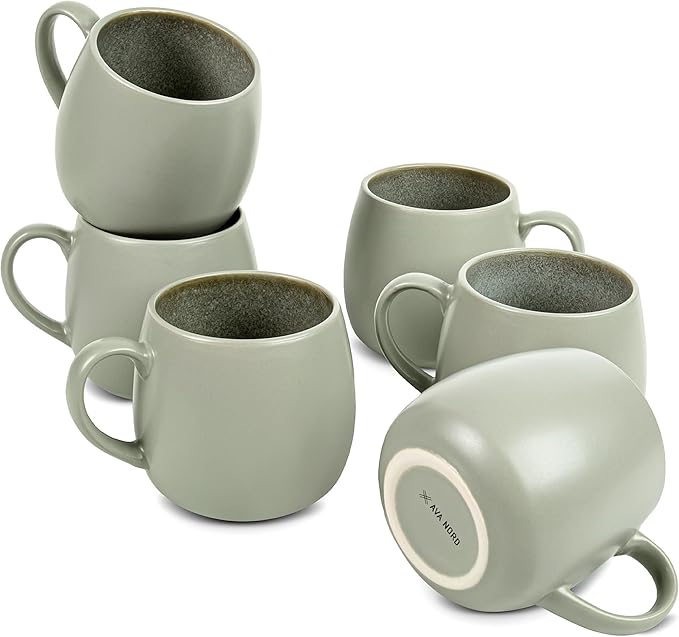 Ceramic Coffee Mugs Set of 6, 14oz - Modern Scandinavian Aesthetic Cup- Microwavable Stoneware Coffee Cups with Comfortable Handle - Tea Mug Set for Latte, Cappuccino, Soup - Soft Sage Green
