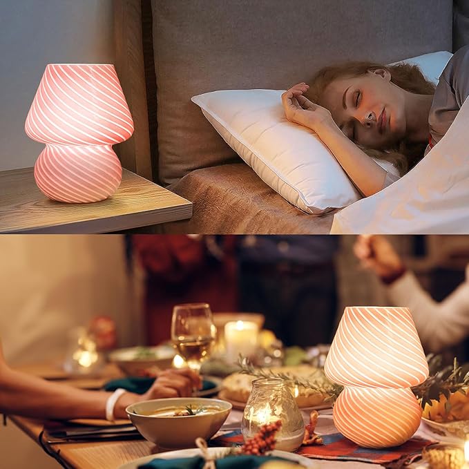 Dorm USB Plug-in Mushroom Lamp Small Bedside Table Lamp with 3 Temperature LED Bulb, Free Dimming Nights Light for Bedroom/Living Room/Entryway/Corner/Table Decor (Stripe Pink)