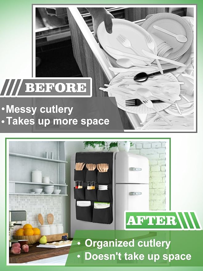 Extended Mini Fridge Caddy Organizer - 55" x 13" Back to School Dorm and Office Over the Fridge Storage Organizer with 12 Pockets for Flatware Drink Paper Goods, College Must Have, Black