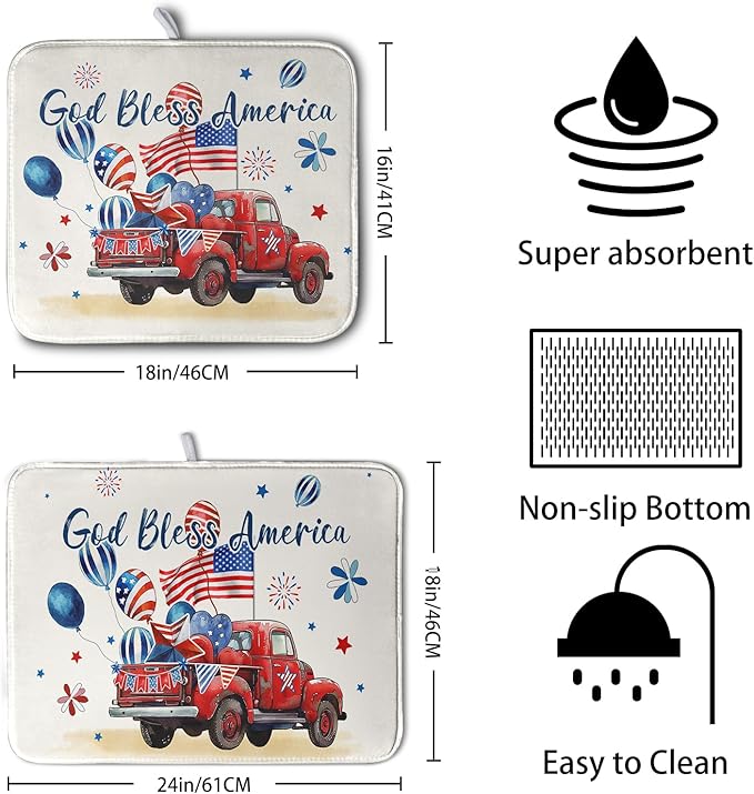 4th of July Drying Mat for Kitchen Counter 16 x 18 US Independence Day Patriotic Truck Dish Drying Mat Polyester American Flag Dish Drainer Mat Super Absorbent Dish Rack Pad for Coffee Bar Sinks