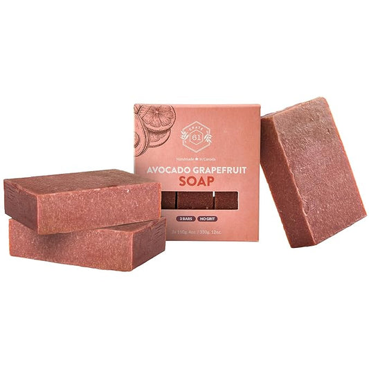 Handmade in Canada, Plant Based Cold Process Natural Bar Soap For Face And Body, With Premium Essential Oils, For Men And Women 3 Pack (Avocado Grapefruit)