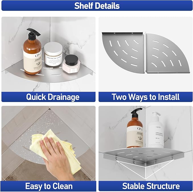 2 Pack Corner Shower Shelves 304 Stainless Steel Brushed Nickel Bathroom Corner Shower Shelf 8 in Drilling Installation