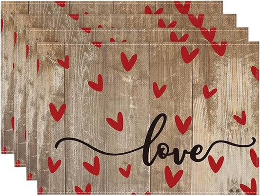 Artoid Mode Wood Love Hearts Valentine Placemats Set of 4, 12x18 Inch Seasonal Anniversary Holiday Table Mats for Party Kitchen Dining Decoration