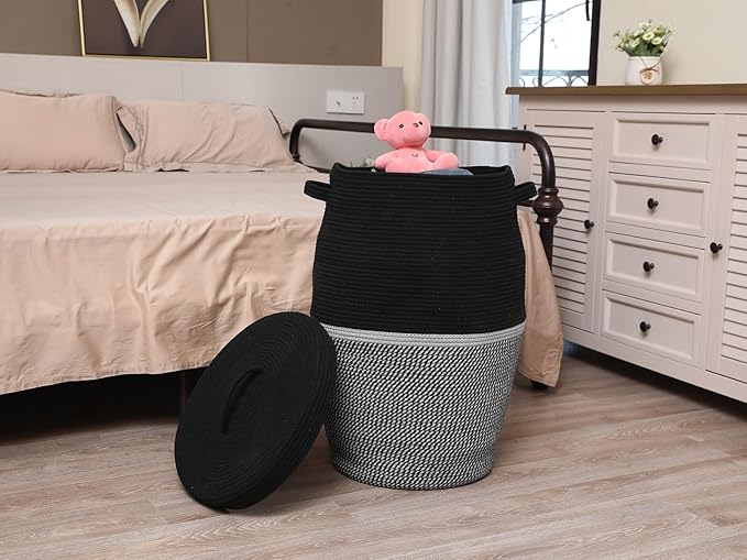 26" x 20" Tall Extra Large Storage Basket with Lid, Cotton Rope Storage Baskets, Woven Laundry Hamper with Cover, for Clothes Blanket in Living Room, Two Sides Black/Black Mix