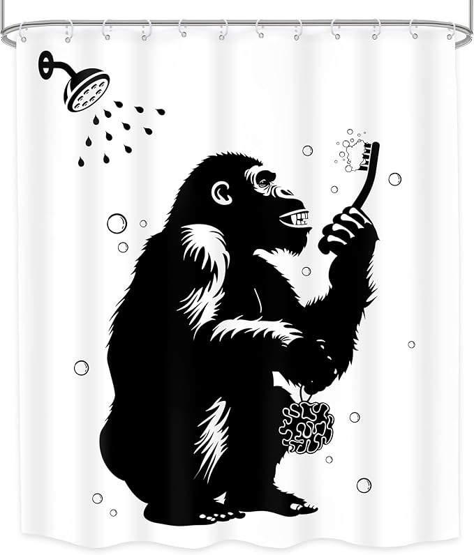 LGhtyro Funny Monkey Shower Curtain Bathroom Set 60Wx71H Inches Black White Animal Chimpanzee Bathing Wildlife Hilarious Modern Cool Bath Accessories for Boys Men Art Home Decor Fabric 12 Pack Hooks