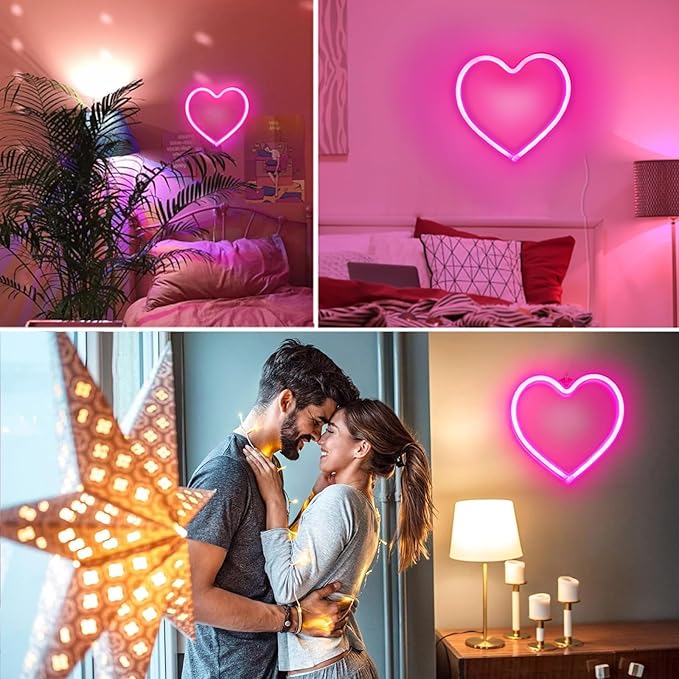 Pink Heart Neon Sign, Battery Operated or USB Powered Mothers Day Lights, LED Decorative Lamp, Table and Wall Decoration for Galentines Day, Wedding Anniversary, Girl's Room Party Birthday Home Décor