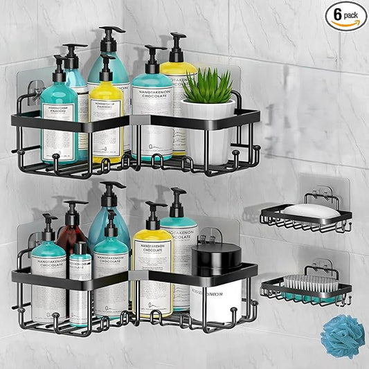 Shower Caddy 6 Pack, 13in Large Capacity Shower Organizer, Sturdy Adhesive Shower Shelf for Inside Shower, Rustproof Stainless Steel Shower Shelves with 10 Hooks
