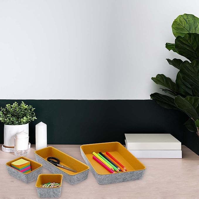 Welaxy desk drawer organizers tray dividers small shallow felt storage box for office suppliers entryway catchall key holder makeup crafts pens decluttering 8-piece back to school (Curry)