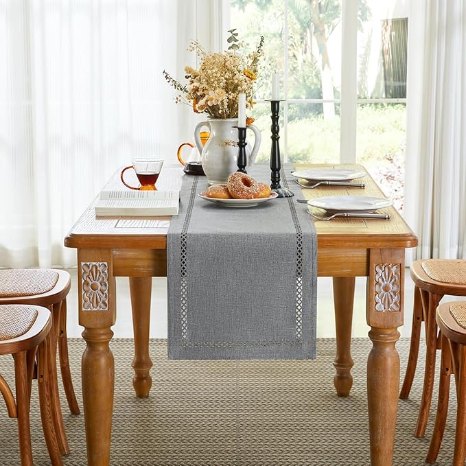 Burlap Style Farmhouse Table Runner, 13 x 36 Inch Grey, Rustic Geometric Hollow Table Runners 36 Inches Long for Dresser Table Everyday Use, 13x36 Inches, Grey