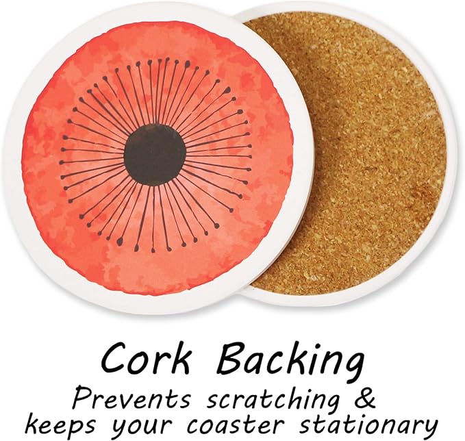 AD Set of 6 Coasters for Drinks Absorbing Round Ceramic Stone Coaster with Cork Base Tabletop Protection Mat for Mugs and Cups,Office,Kitchen (Coral Watercolor with Holder)