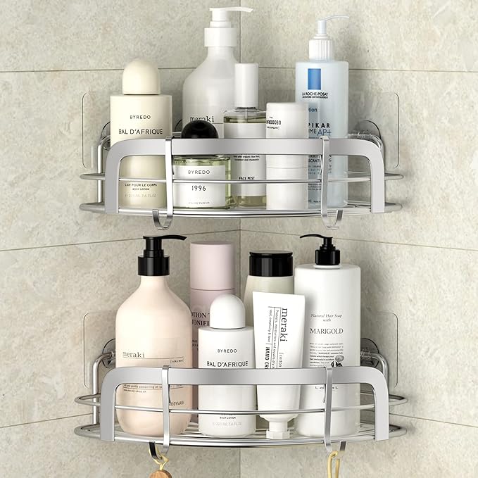 STEUGO 2 Pack Shower Caddy Corner, Bathroom Corner Shower Shelfs, Adhesive Wall Mounted Shower Caddy with 4 Movable Hooks, No Drilling Shower Shelf, Stainless Steel Silver.