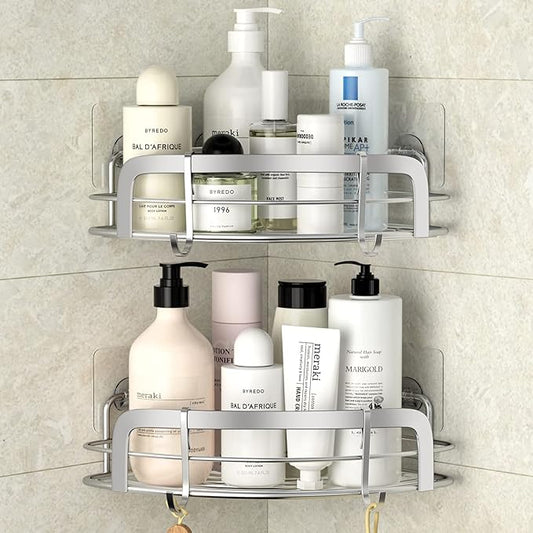 STEUGO 2 Pack Shower Caddy Corner, Bathroom Corner Shower Shelfs, Adhesive Wall Mounted Shower Caddy with 4 Movable Hooks, No Drilling Shower Shelf, Stainless Steel Silver.