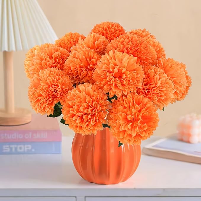 Hananona 12 Pcs Artificial Chrysanthemums Flowers Ball Flower, Orange Fake Mums Silk Fall Flowers for Autumn Home Decor Indoor Floral Arrangement Table Centerpiece (12, Orange)