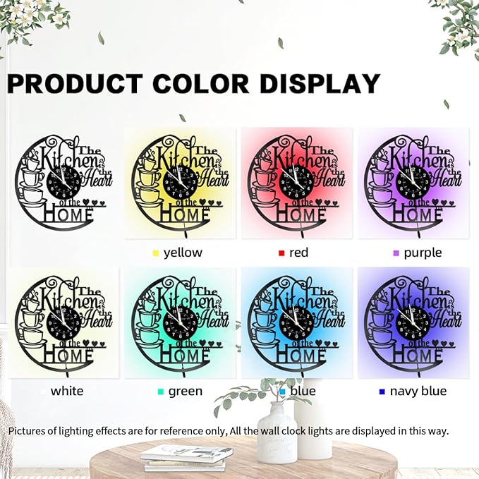 KingLive Kitchen Wall Clock with 7 Colors LED Light, Vintage Style Coffee Theme, Kitchen Coffee Bar Vinyl Record Decor