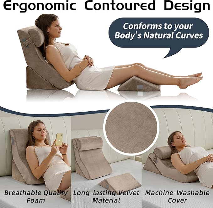 Qirroboni 4PCS Orthopedic Bed Wedge Pillow Set, Adjustable Pillows for Neck, Back and Leg Pain Relief Comfortable & Post Surgery Foam - Heartburn, Anti Snoring, Acid Reflux & GERD Sleeping Brown