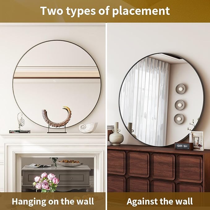 Black Round Mirror, 18 Inch Bathroom Mirror with Metal Frame, Wall Wall-Mounted for Entryway, Bathroom, Vanity, Living Room