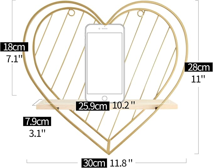 Afuly Floating Shelf Wall Mounted Gold Heart Shaped Hanging Shelves for Wall Modern Minimalist Shelf Storage Organizer Rack for Bedroom Living Room Nursery Room Decor Christmas