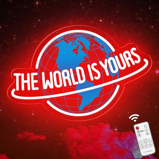 The World is Yours Neon Sign, Remote Dimmer Planet LED Neon Light Lamp for Wall Decor, USB Power for Man Cave Home Bar Bistro Club Cafe Wedding Game Room Bedroom Birthday Gift Graduation Party (Red)