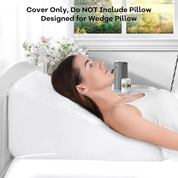 HOMBYS Satin Bed Wedge Pillow Cover Silky & Smooth Wedge Pillowcase 1 Pack 24x24x7.5, Soft & Breathable, Removable & Machine Washable-Zipper Design (Pillow Not Include),White