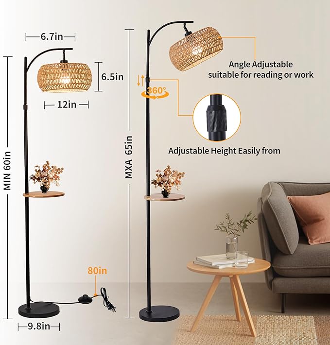 Black Floor Lamp for Living Room, Boho Rattan Floor Lamp with Shelf Farmhouse Standing Lamp with 3 Color Temperature, Arc Cornor Tall Lamp for Bedroom Office,Remote & Dimmable LED Bulb Included.