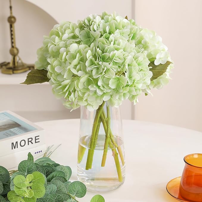 Tifuly Fake Hydrangea Artificial Flowers with Vase 4pcs Real Touch Faux Hydrangea with 3pcs Eucalyptus Stems for Wedding Centerpiece Home Party Table Decoration（Green）