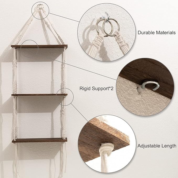 WOOD MEETS COLOR 3 Tier Macrame Wall Hanging Shelves with Artificial Ivy Leaves,Boho Room Decor Handmade Cotton Rope,Wooden Hanging Storage Floating Shelves for Small Plants,Living Room Bedroom