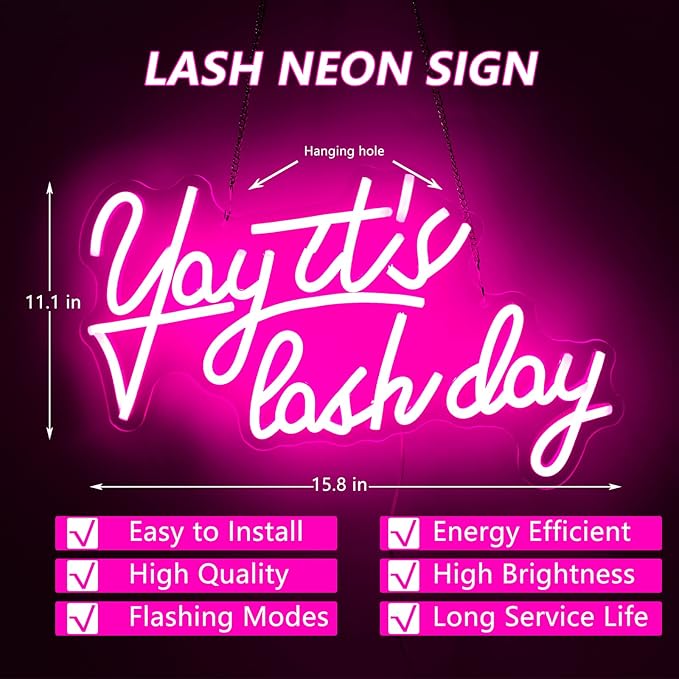 Yay It's Lash Day Neon Sign for Wall Decor Beauty Room Led Lights, Pink Salon Lash Tech Decor Neon Signs Aesthetic Operated Light for Door Decorations, Girls Bedroom Accessories Neon Sign