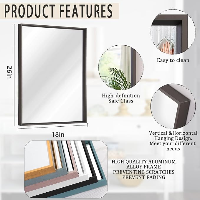 AAZZKANG Rectangular Metal Frame Mirror 26"x18" Retro Bathroom Bedroom Wall Mirrors Home Decor Large
