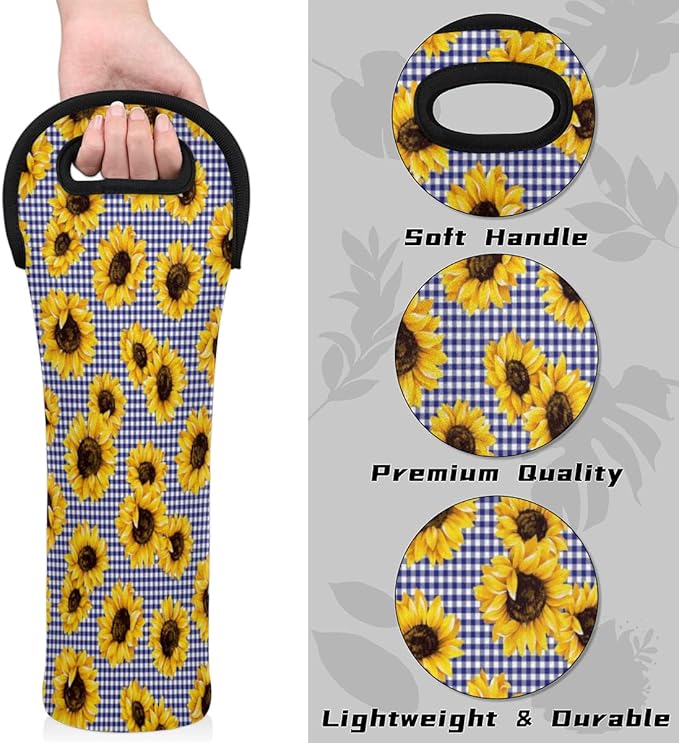 Sunflower Checked Single Bottle Wine Gift Tote Carrier Neoprene Wine Tote Bags Holder Cooler Wine Lover Gift