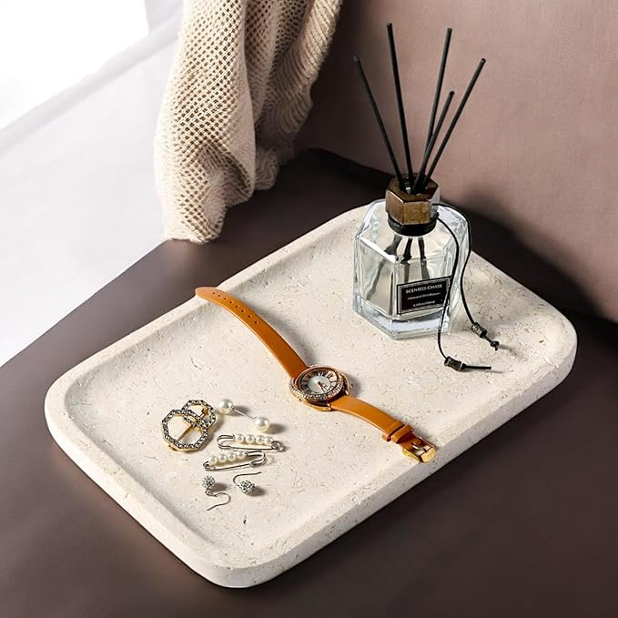 Koville Marble Vanity Tray, 12"x8" Marble Organizer Tray for Countertop Bathroom Kitchen Dresser, Rectangular Decorative Jewelry Dish for Cosmetics Perfume Trinket(Brown)