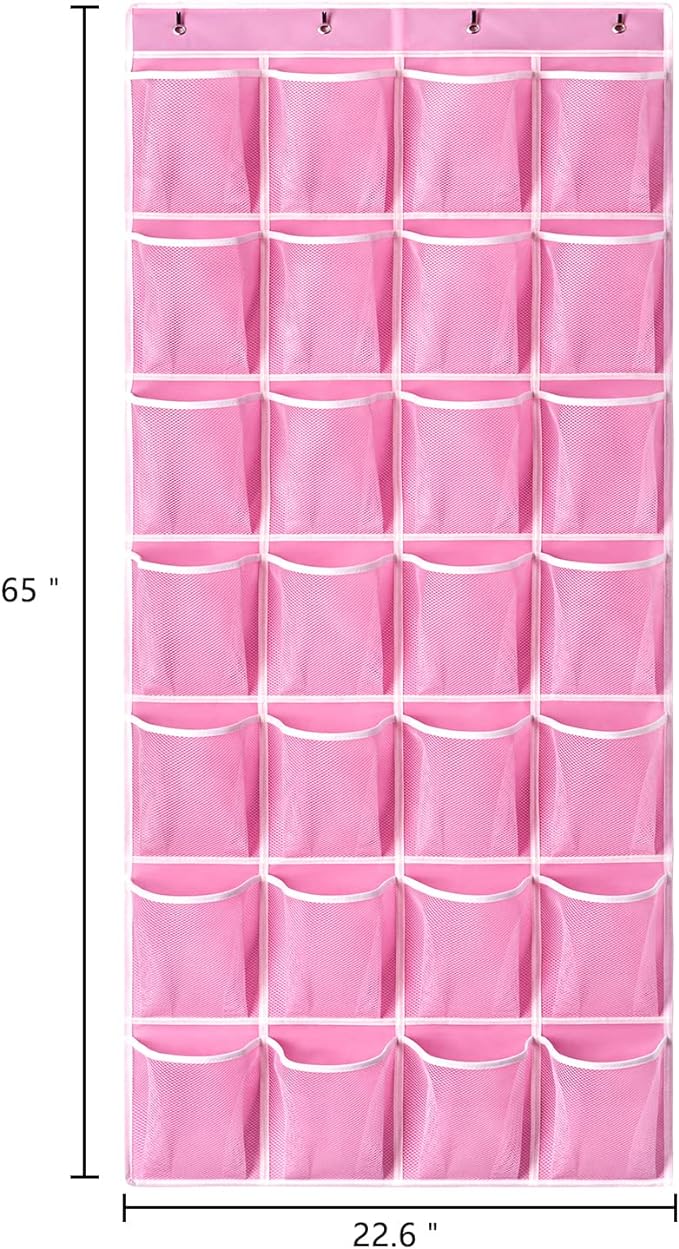 KEEPJOY 28 Pocket Over The Door Shoe Organizer, 2Pack Hanging Shoe Organizer for Door, Hanging Door Shoe Holder Rack with Mesh Pockets Large Size 65 x 23 inch (Pink-2Pack)