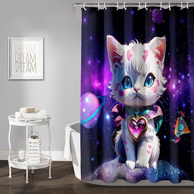 AILONEN Cartoon Cat Shower Curtain Set for Kids Boys Girls, Kawaii Love Kitten Shower Curtain for Bathroom,Galaxy Planet Washable Fabric Shower Curtain with Hooks,48" W*72" H
